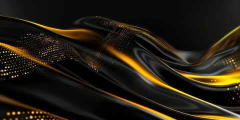 Abstract black and yellow background featuring flowing wave patterns with dotted accents. The illuminated design creates a sense of motion and energy