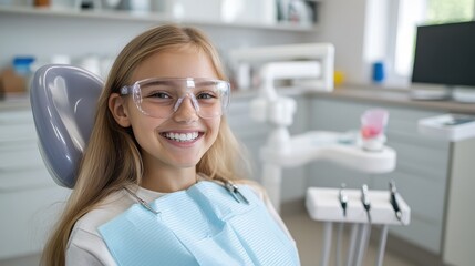 Wall Mural - a young girl is seated in a dental office chair, smiling while wearing protective goggles, indicatin