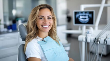 Wall Mural - a woman sits smiling in a dental chair with a protective bib while a digital x-ray monitor is visibl