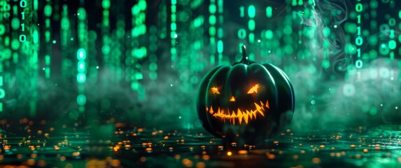 A sinister jack-o'-lantern glows amidst a cyber matrix of green binary code and digital elements. The blend of Halloween and tech creates a futuristic, eerie atmosphere