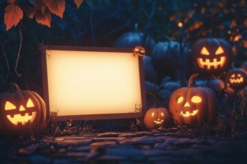 A blank sign on the ground with glowing pumpkins and Halloween decorations, spooky background, cartoon style Generative AI