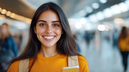 This captivating scene shows a young woman in an orange sweater smiling and holding her mobile phone as she stands in a busy subway station, surrounded by commuters.