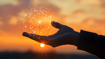 Canvas Print - Hand of businessman connecting with global network circle against sunset sky - business networking, innovation, communication, and technology concept