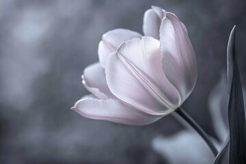 tender pink tulip on the desaturated background. Black and white flowers - generative ai