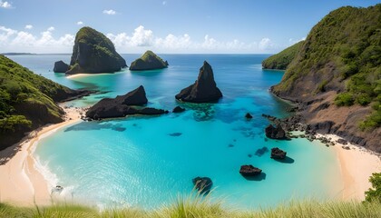 Stunning panorama of Two Brothers Rock at Cacimba do Padre, showcasing the breathtaking beauty of Fernando de Noronha, Pernambuco, Brazil