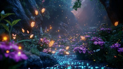 Wall Mural - Glowing Butterfly and Floral Stream in a Mystical Forest