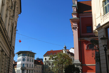 Wall Mural - Picturesque historical buildings in central Ljubljana, capital of Slovenia. Autumnal foliage on the trees.