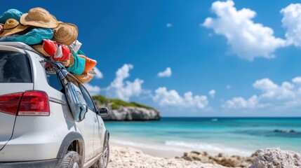 A car with vacation gear on its roof, positioned at a tropical beach with a picturesque ocean view, embodying the essence of travel, relaxation, and a scenic seaside paradise.