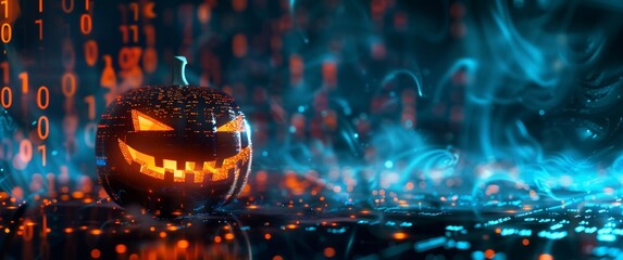 Sticker - A glowing jack-o'-lantern with a mischievous grin, surrounded by orange binary code and blue digital smoke on a dark, tech-inspired background. A spooky fusion of Halloween and technology