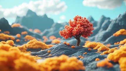 Vibrant coral tree stands alone amidst colorful, textured landscape in bright daylight