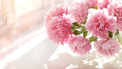 Canvas Print - Sunlit pink lisianthus blooms in a glass vase casting soft shadows on a white table