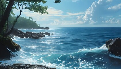 Serene coastal landscape featuring a breathtaking ocean view blending with the horizon under a clear sky