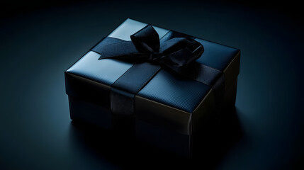 Sticker - elegant black gift box with satin ribbon on dark background soft spotlight creating dramatic contrast and air of mystery