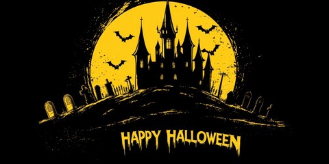 Wall Mural - A spooky silhouette of an old Gothic castle on top of a hill with towers and tombstones, the moon is shining behind it There is text 