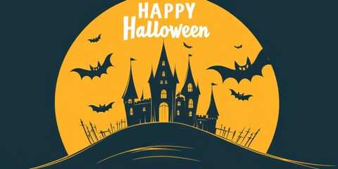 Wall Mural - a silhouetted black gothic castle on a hill with a full moon and flying bats with 