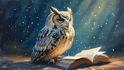 Whimsical pastel owl engrossed in a book of wonders beneath a starlit sky, featuring vibrant graphic design elements and realistic details