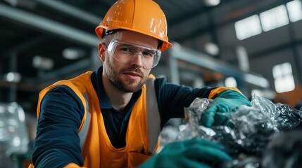 An engaged worker in orange safety attire with gloves and glasses, concentrating on handling recycled materials inside a facility, amid various processing equipment.