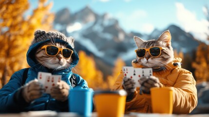 Two cats dressed in fashionable winter clothing and sunglasses playing cards on a table outdoors. The scene is set against a backdrop of snowy mountains and clear skies.