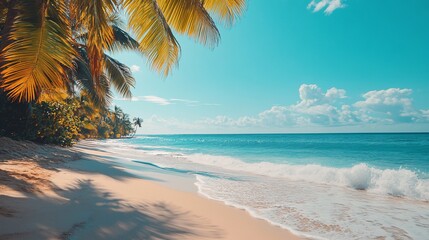 Serene beach scene with palm trees and gentle waves under a bright blue sky.