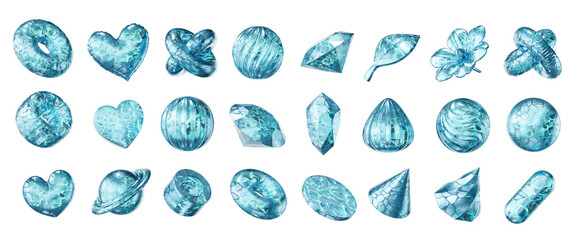 Fototapete - Blue and texture crystal objects decoration set pack isolated background 3d rendering	
