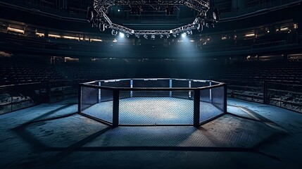 View of an empty octagon ring under bright lights, awaiting fighters about to enter the arena and compete in a mixed martial arts fight