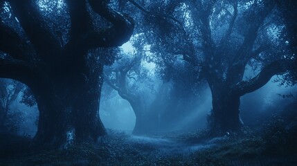 Sticker - A Mystical Forest Path Enveloped in Mist at Night