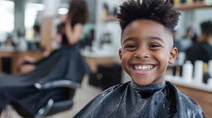 A young boy displaying a cheerful smile after receiving a stylish new haircut in a lively barbershop scene, radiating happiness and youthful charm.