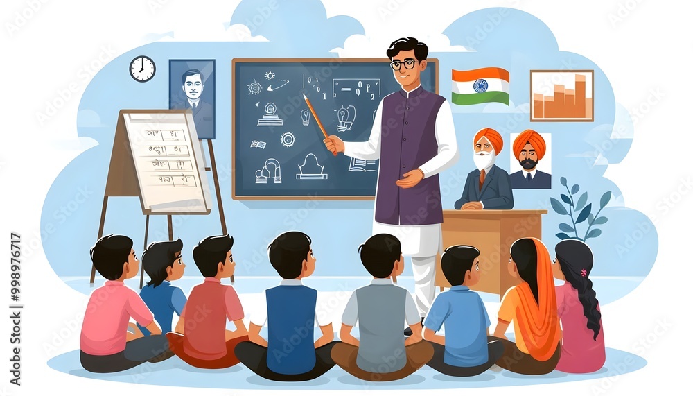 flat vector illustration of Indian teacher teaching school students ...