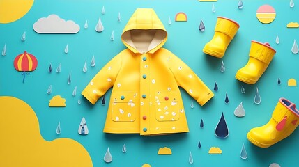 A cheerful yellow raincoat and matching boots set against a bright blue background with playful clouds and raindrops, perfect for kids on a rainy day.