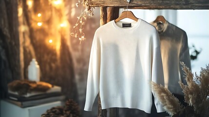 Wall Mural - A cozy, white sweater hangs against a rustic backdrop, surrounded by warm lighting and natural elements, creating a tranquil and inviting atmosphere.