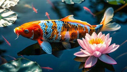 Wall Mural - Graceful koi fish gliding in a sunlit pond with shimmering scales, accompanied by a delicate pink water lily, creating an elegant and serene natural scene.