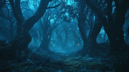 Wall Mural - A Mystical Path Through a Foggy, Blue-Lit Forest