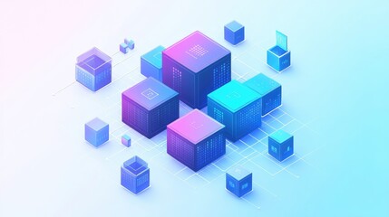 Wall Mural - Abstract isometric design of colorful cubes connected by lines on a light blue background.