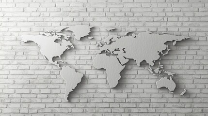  A minimalist design featuring a world map cutout in white, set against a textured brick wall, highlighting modern decor