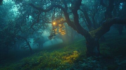 Wall Mural - Sunlight Illuminating a Foggy Forest Path