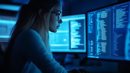 Wall Mural -  Female cyber security analyst analyzing AI cyberspace threats on computer in dark tech office data centre. Blue lighting. IT specialist ethical hacking 