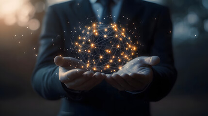 Poster - businessman holding global network connection on social networking and customer data analytics, busi