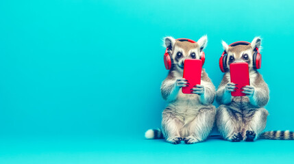 Two cute lemurs wearing headphones using smartphones on blue background