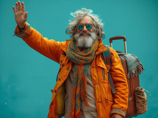 Happy bearded grandfather traveler with suitcase and backpack waving hand on blue background.