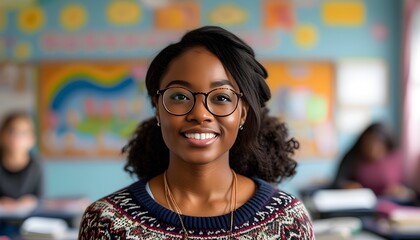 Wall Mural - Inspiring African American Teacher Radiating Warmth and Professionalism in a Vibrant Classroom Environment