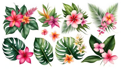 Wall Mural - Tropical Wedding Invitation Set Featuring Floral Bouquets and Palm Leaves in Modern Illustration Style