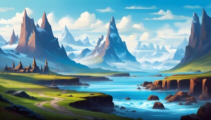 Sticker - Majestic Viking Landscape with Dramatic Mountains and Serene Fjords