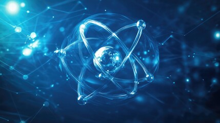 Wall Mural - a glowing atomic structure against a blue background, symbolizing energy, innovation, and connectivi