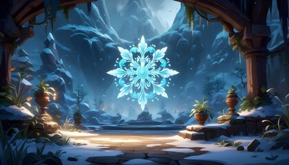 Wall Mural - Enchanting winter valley with a frozen river, snow-covered landscape, and vibrant vegetation in a magical game art setting