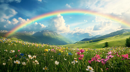 Wall Mural - A vibrant rainbow arches over a lush meadow filled with colorful wildflowers.