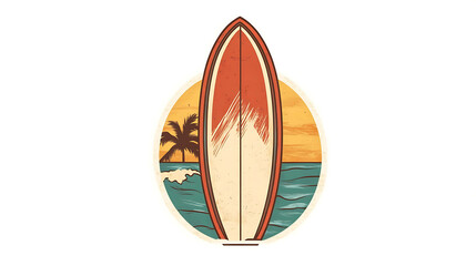 Vintage illustration of a surfboard standing in the ocean.