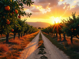 Poster - sunset on the road , orange garden