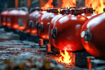 Wall Mural - Rows of red steel pressure gas tanks in fire. Flammable and