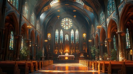 Canvas Print - Stunning Interior of a Gothic Church with Stained Glass Windows