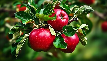 Wall Mural - Vibrant Red Apples Surrounded by Lush Green Leaves Celebrating Nature, Freshness, Abundance, Harvest, and Health